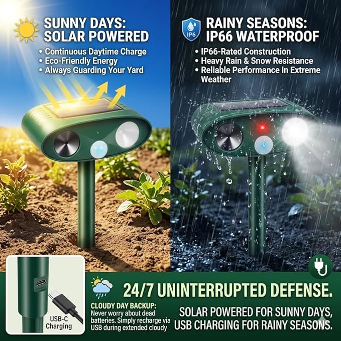 2026 Upgraded Sonic Fortress Pro Deer Repellent Outdoor Solar Ultrasonic Animal Repellent with Motion Sensor&ampFlash Light-IP65 Waterproof Cat Repellent Outdoor for RaccoonSquirrel-GardenYard 4Pac