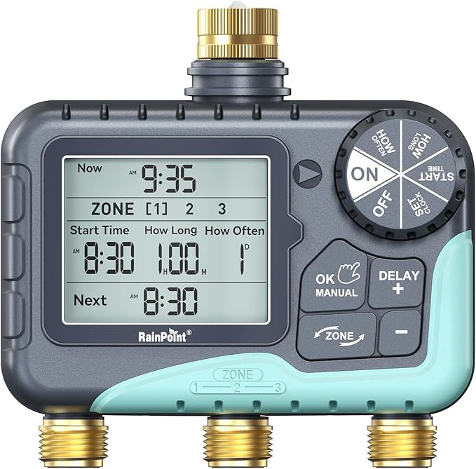 RAINPOINT 3 Zone Water Timer with Brass Inlet &amp Outlet 3 Custom Watering Plans Sprinkler Timer Featuring IP65 WaterproofRain Delay Manual &amp Automatic Watering with Large LCD for Yard 2026