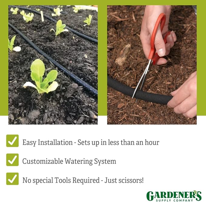 Gardener's Supply Company Snip-n-Drip Irrigation Kit | Outdoor Customizable Self-Watering Sprinkler Soaker Hose System | Supplys 4 25 Foot Garden Rows