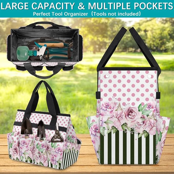 Garden Tool BagFloral Rose Flower Polka Dot Stripe Gardening Organizer Bag With Pockets Garden Tool Kit Storage Tote for Women Men Garden Tool Set Holder