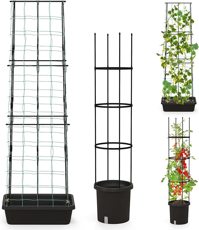Happygrill 2 Pack Tomato Cage Metal Garden Trellis w/Adjustable Height &amp Self-Watering System for Vines Potted Plants Vegetables Tall Plant Support Tomato Trellis w/Planter Box