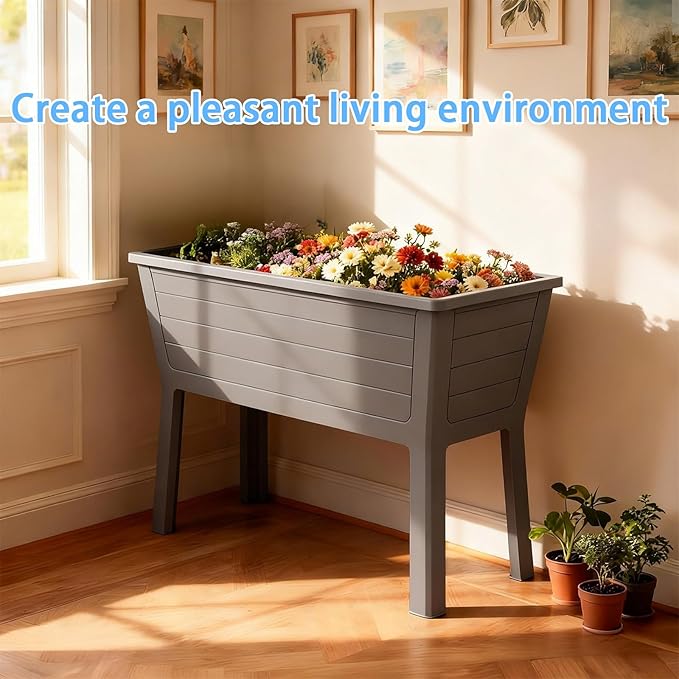 26.5 Gallon Elevated Raised Garden Bed 44 Large Planter Box Sturdy Resin Weather-Resistant Planting Container for Vegetables Herbs &amp Flowers Ergonomic Raised Bed for Patio Balcony (Taupe)