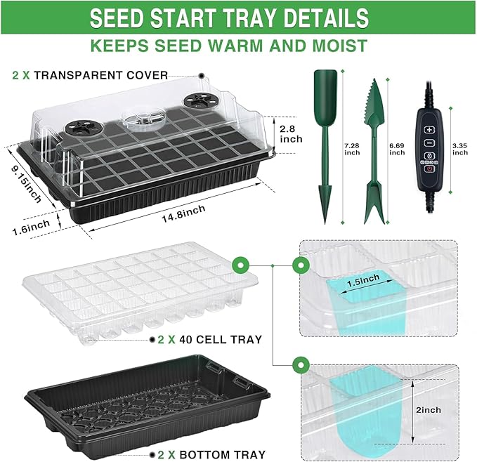 YAUNGEL Seed Starter Tray with Grow Light Seed Starter Kit with Timing Controller Adjustable Brightness 80 Cells Seed Trays for Indoor Planting with Humidity Domes Heightened Lids 2 Pack Black