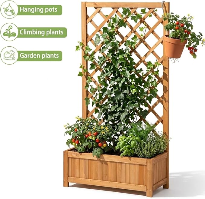 Wooden Raised Garden Bed with Trellis 47 Outdoor Planter Box for Climbing Plants Vertical Warm Brown Garden Planter for Vegetables Flowers &amp Vines Lattice Plant Support for Patio Yard Balcony