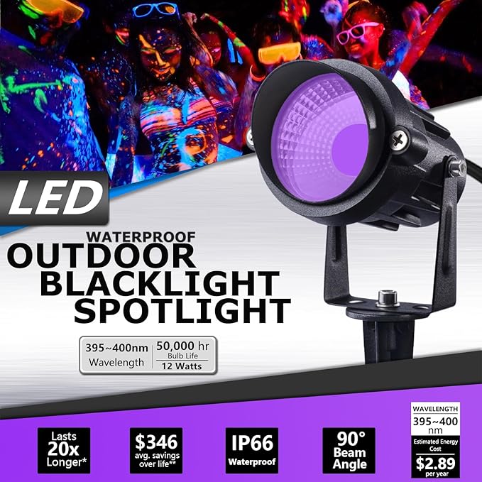 SUNVIE 4 Pack Black Light Spotlights 12W LED Outdoor Black Lights 120V Purple Lights for Glow Party Fluorescent Decorations