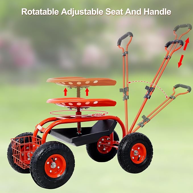 Donext Garden Cart Outdoor Rolling Garden with Wheels 360 Degree Swivel Seat Wagon Scooter with Steering Handle &amp Utility Tool Tray Red