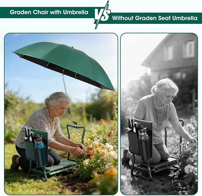2-in-1 Garden Kneeler with Umbrella Garden Kneeling Bench &amp Green Umbrella Portable Garden Stool Loads Capacity 330lb and Garden Tools Bag with bottle holder Gardening Gifts for WomenMenSenio