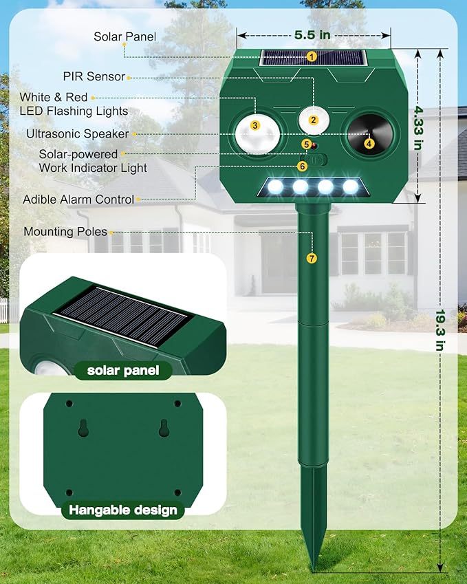 Solar Ultrasonic Animal Repellent Outdoor 2 Pack Cat Repellent Outdoor Deer Repellent Devices with PIR Motion Sensor ＆ LED Flash Waterproof Squirrel Repeller Cat Raccoons Rabbits Deer Skunk