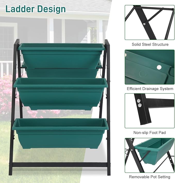 3 Tier Vertical Raised Garden BedPlastic &amp Metal Tiered Planter StandFoldable Indoor/Outdoor Plant Display RackFlower Planter Raised Standwith 5 Boxesfor Patio Lawn Porch Yard Balcony (Green)