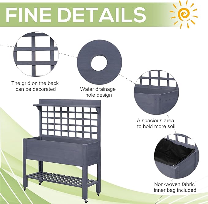Outsunny 41 Raised Garden Bed with Trellis on Wheels Wooden Elevated Planter Box with Legs and Bed Liner for Flowers Herbs &amp Vegetables Gray