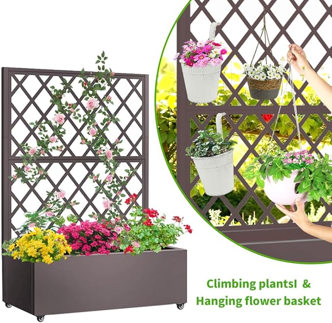 Metal Planter Box with Privacy Screen TrellisGalvanized Raised Garden Bed On Wheels for Climbing Plants Vines Standing Garden Flower Bed with Drainage Holes(Espresso 35 L x16 W x 55 H)