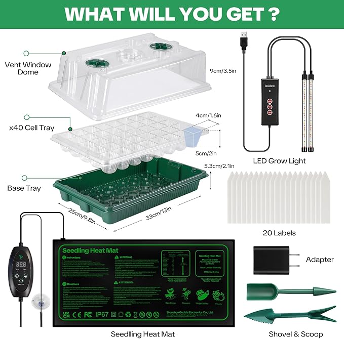 Seed Starter Tray with Grow Light &amp Heating Mat Digital Temperature Control 40-Cell Seed Starter Kit with Humidity Dome Reusable Seed Starter for Indoor Planting Seeds