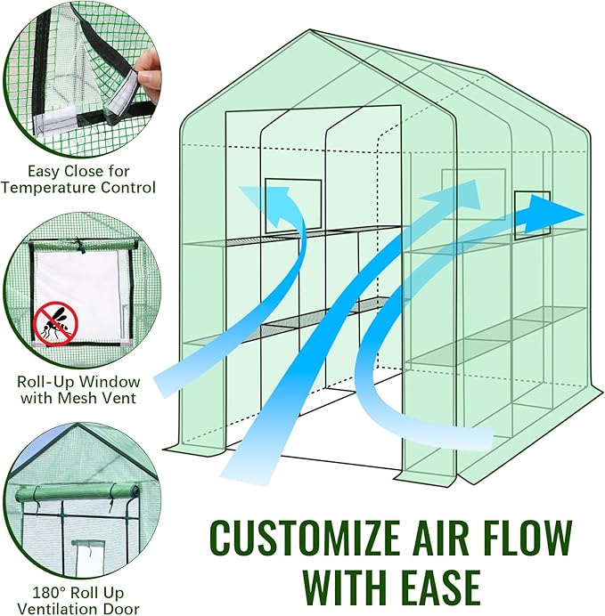Greengro Greenhouse 57 x 85 x 76'' Greenhouses for Outdoors Portable Greenhouse Kit with Mesh Side Windows PE Cover 8 Shelves Heavy Duty Walk in Green House for Backyard Garden Indoor Outside