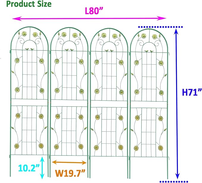 4 Pack Metal Garden Trellis 71 x 19.7 Rustproof Garden Arch Trellis for Climbing Plants Outdoor FlowerVegetablesVinesCucumbers (Green)