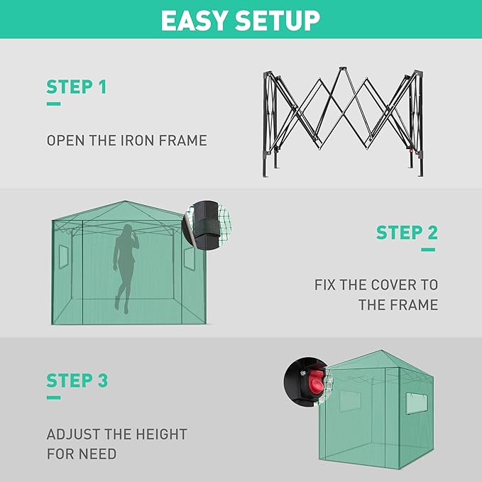PexFix 8'x 8' Portable Walk-in Greenhouse Easy Setup Indoor/Outdoor 2 Roll-Up Mesh Windows Roll-Up Zipper Door Green