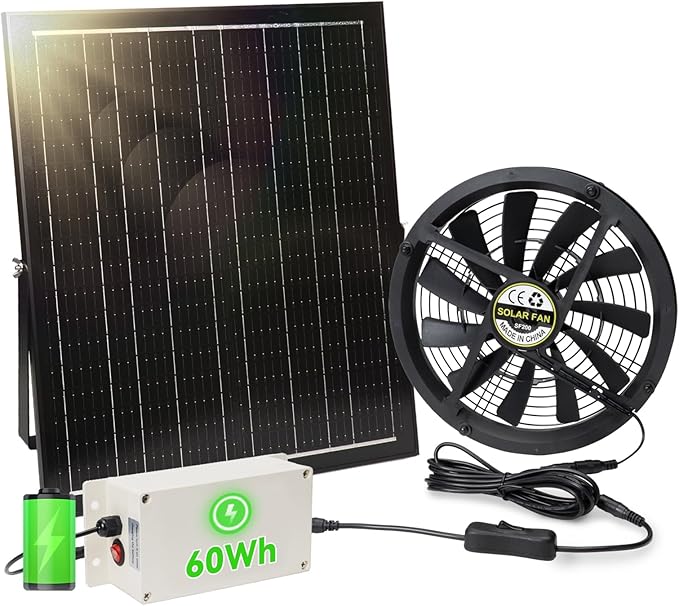 Solar Exhaust Fan with Battery 40W 10 Solar Powered Fans for Greenhouse with 60Wh Battery Run Day &amp Night Solar Vent Fan for Shed Chicken Coop Dog House Outside Waterproof &amp Low Noise