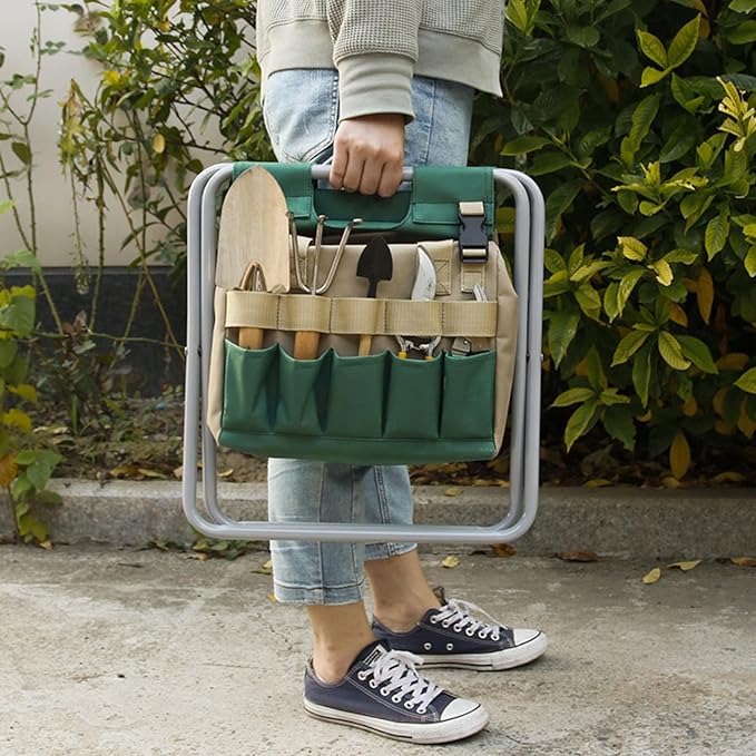 Portable Folding Stool Folding Garden Kneeler and Seat Heavy Duty Foldable Gardening Bench with Tool Bag for Outdoor Events Hiking Travel Beach Housework
