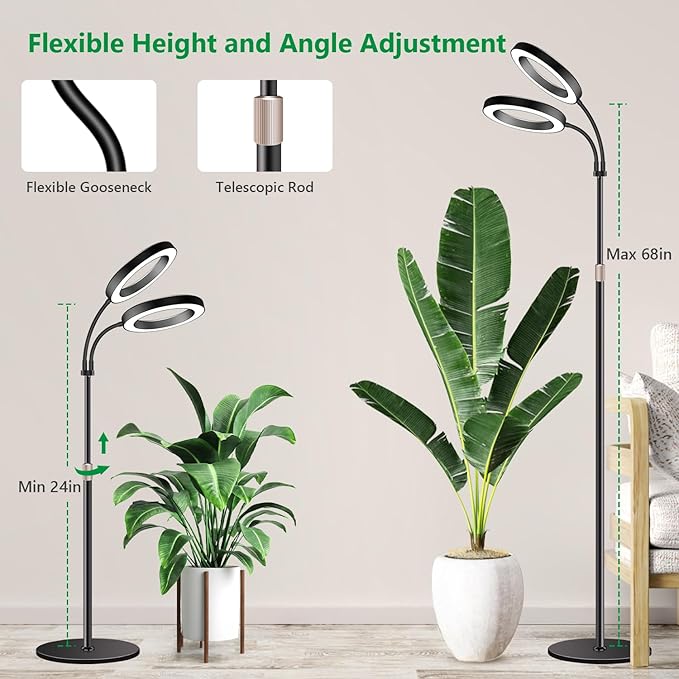 Large Plant Light for Indoor Plants 2 Head Full Spectrum Grow Light with 68 Adjustable Stand for Growing Large Tall Plants Black Halo Floor LED Grow Lamp with 16 Hour Timer