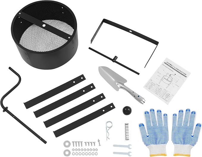 Manual Rotary Soil Sieve Carbon Steel with Plastic-Sprayed Finish 11.8x14.17 Inch Drum 24.41 Inch Height 0.07 m³ Capacity Includes Gloves and Spade