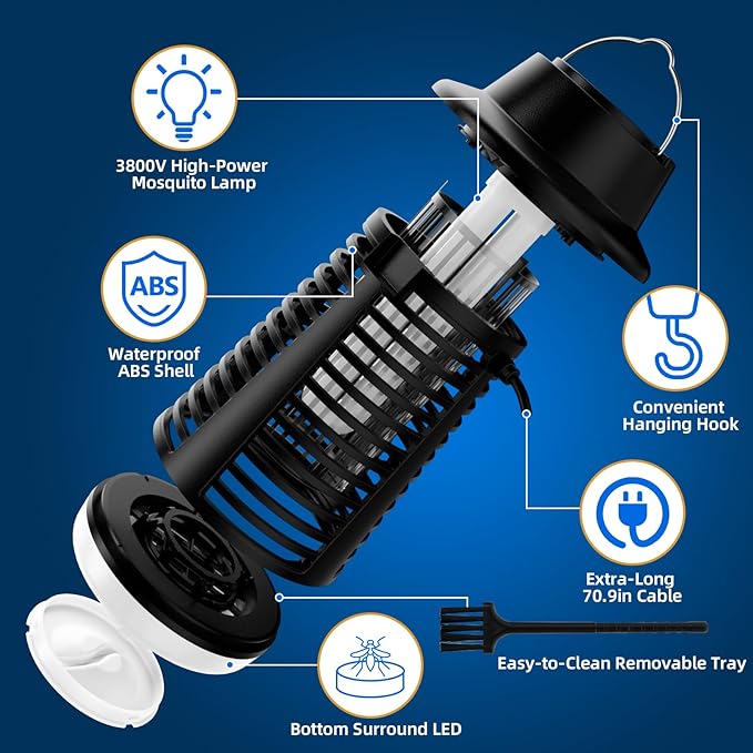 Bug Zapper Outdoor Indoor Mosquito Zapper Fly Trap Waterproof Insect Killer 3800V Electric Fly Zapper for Home Patio Camping Kitchen Black KN-06