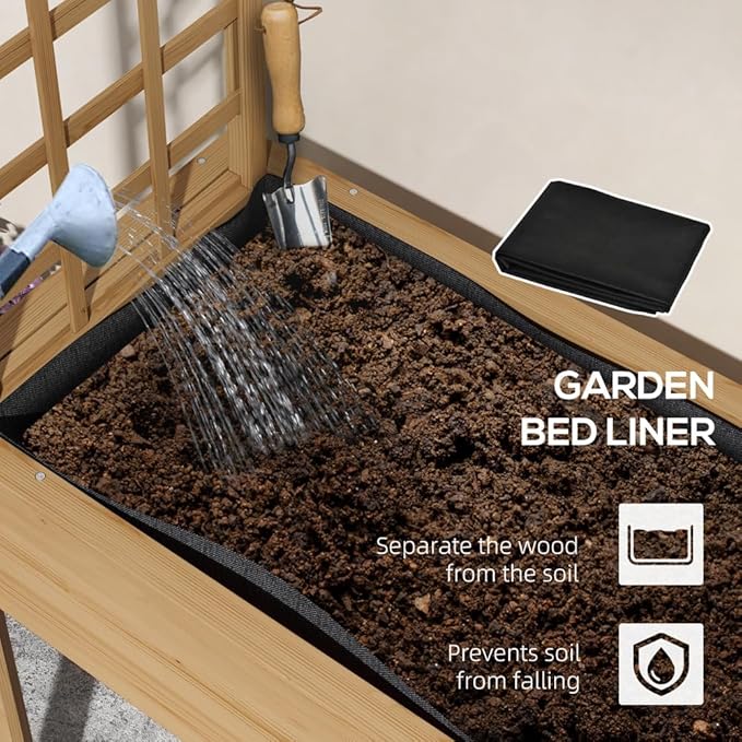 Raised Garden Bed with Trellis for Climbing Plants Elevated Wood Planter with Drainage Holes Filter and Legs for Vegetable Flowers Natural