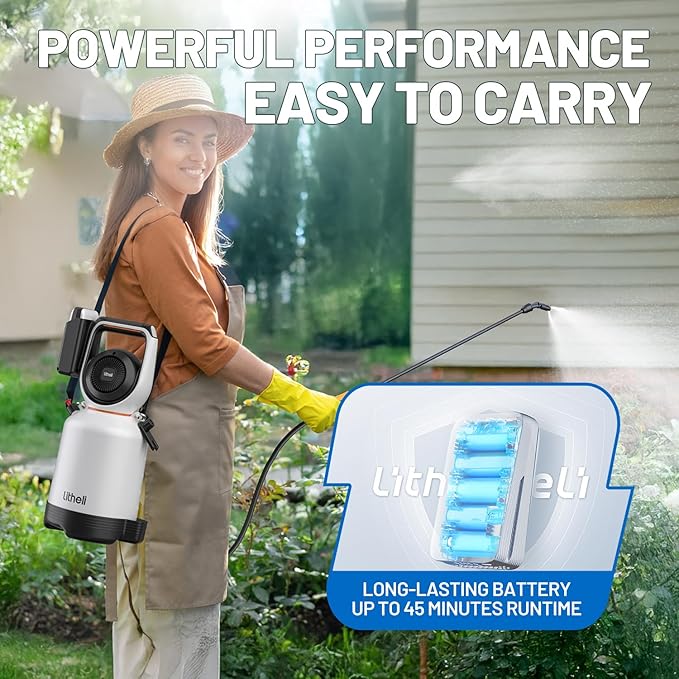 Litheli 20V Cordless Garden Sprayer 1.3 Gallon/4.75L Pump Sprayer Intelligent Pump Pressure Control 2 Spray Modes for Spraying Plants Garden Watering with 2.0Ah Battery Included