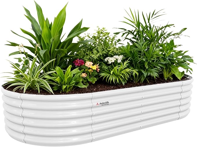 A ANLEOLIFE 8X4X1.5 ft Galvanized Raised Garden Beds Outdoor Oval Large Metal Planter Box for Planting Vegetables Flowers Herb Anti-Rust &amp Easy-Setup Antique White
