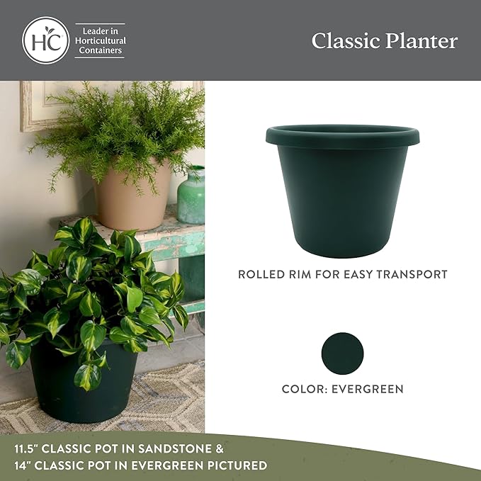 The HC Companies Classic Round Plastic Plant Pot w/Rolled Rim - Lightweight &amp UV Resistant Flower Pot for Herbs &amp More - Outdoor &amp Indoor Plant Pots w/Drainage (15.5 inch Evergreen Pack o