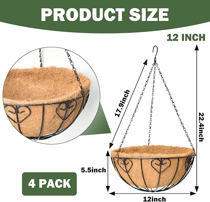 4 Pack 12 Inch Hanging Baskets for Plants Outdoor Metal Hanging Planter Basket with Coco Coir Liner Hanging Flower Baskets Hanging Flower Pots Holder for Garden Patio(Modern)