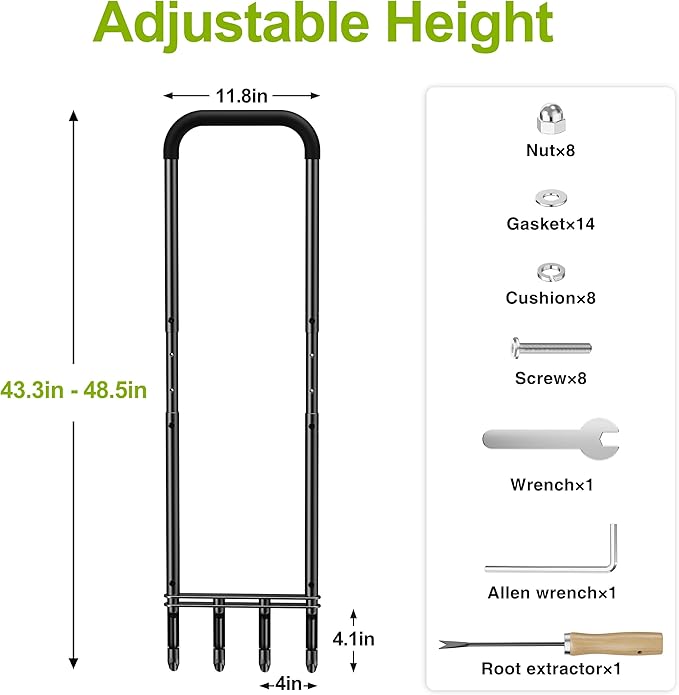 Knee-Friendly Manual Lawn Aerator Tool –Adjustable SUS304 Stainless Steel Core Aerator for Grass Yard Aeration Tool with 4 Hollow Tines for Lawn Care and Compacted Soil43.3-48.5Black