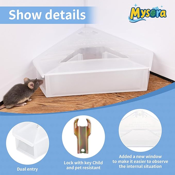 6 Pack Mouse Bait Stations with Visible Window &amp Keys Lockable Rodent Control Boxes Triangular Mice Traps Box for Indoor Outdoor Corners Garage Kitchen Bait Not Included (Translucent)