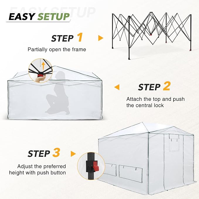 EAGLE PEAK 12x8 Portable Walk in Greenhouse Pop Up Indoor Outdoor Greenhouse Green House Kit with Zippered Roll-Up Doors Windows + Support Pole Woven Cover Translucent