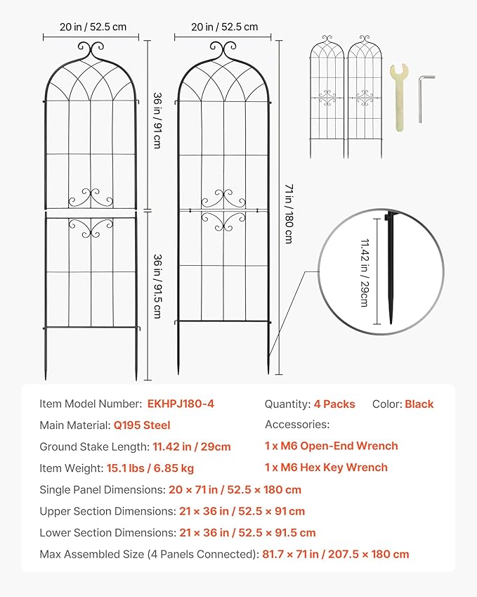 VEVOR Garden Trellis 71 x 20 inch Rose Trellis 4 Packs Garden Flower Rose Trellises with Powder-Coated Finish &amp Convenient Locking Design Plant Support Trellises for Flowers Vegetables Roses
