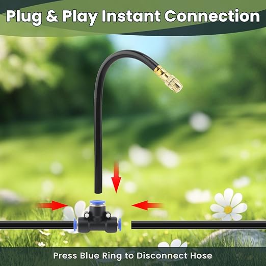 Automatic Drip Irrigation Kits - Garden Watering System with 360° Bendable Spray Adjustable Copper Atomizing Nozzles for Yard Lawn Raised Bed Greenhouse Potted Plants (15 Nozzles 50FT Hose)