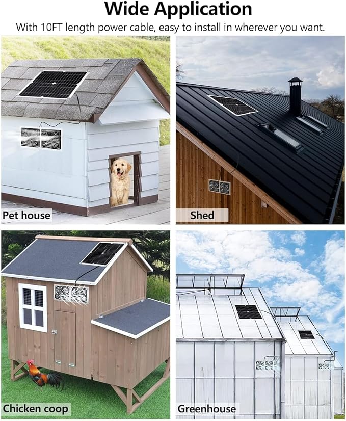 WININMETA Solar Powered Fan 25W Solar Fan for Chicken Coop Solar Exhaust Fan for Greenhouse Shed Pet Houses Outside with Two 5In IP65 Waterproof Fans 10Ft Cable On/Off Switch Intake or Exhaust