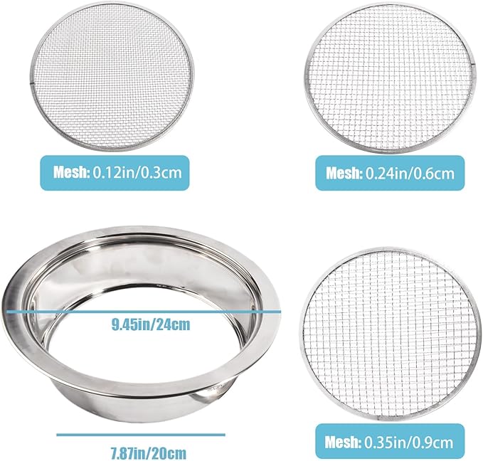Garden Sieve Soil Sifter Removable Garden Sieve with Interchangeable 3/6/9mm Mesh Stainless Steel Soil Sieve 9.4 Dia. Sand Sifter for Sifting Soil Stones Compost.