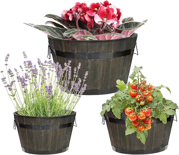 Idzo Set of 3 Wooden Flower Planters for Outdoor Plants Acacia Wood Barrel Planters Ergonomic Handles Drainage Holes Various Sizes Black