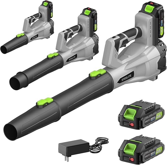 STEELITE 21V Cordless Leaf Blower 150 MPH 600 CFM High-Performance Airflow Lightweight Electric Blower for Lawn Care Patio Cleaning Leaves &amp Dust Includes 2 x 2.0Ah Batteries - Green