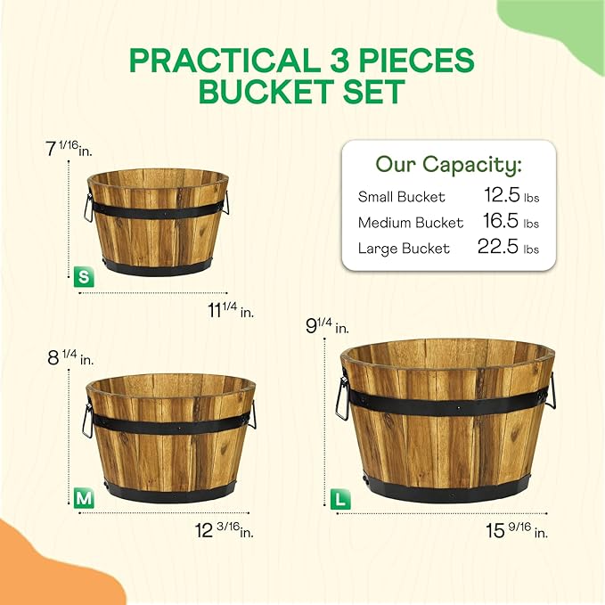 Idzo Set of 3 Wooden Flower Planters for Outdoor Plants Acacia Wood Barrel Planters Ergonomic Handles Drainage Holes Various Sizes Golden Teak