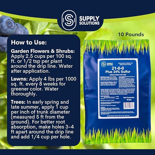Supply Solutions 21-0-0-24S Ammonium Sulfate for Deep Green Plants - Soil Acidifier for Blueberry Blooms Azalea and Magnolia Tree Fertilizer - Sulfur for Plants Nitrogen Fertilizer (10 Pounds)