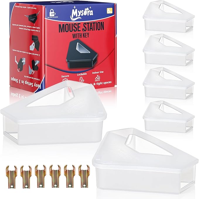 6 Pack Mouse Bait Stations with Visible Window &amp Keys Lockable Rodent Control Boxes Triangular Mice Traps Box for Indoor Outdoor Corners Garage Kitchen Bait Not Included (Translucent)