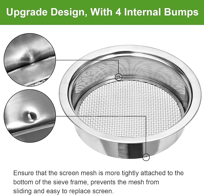 Soil Sieve Stainless Steel Riddle Sieve Set 9.5 Diameter Garden Sifter with 5 Filter Mesh Sizes 135912mm and Bonsai Soil Scoops Gardening Tool