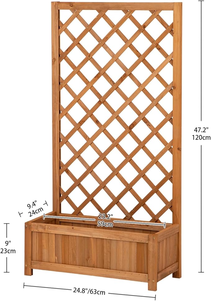 Wooden Raised Garden Bed with Trellis 47 Outdoor Planter Box for Climbing Plants Vertical Warm Brown Garden Planter for Vegetables Flowers &amp Vines Lattice Plant Support for Patio Yard Balcony