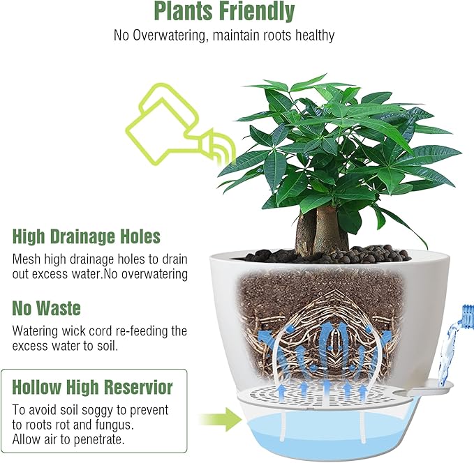 12inch Self Watering Pots Plastic Planters with Mesh Drainage Holes and Deep Reservoir for Indoor Outdoor Garden Plants and Flowers White