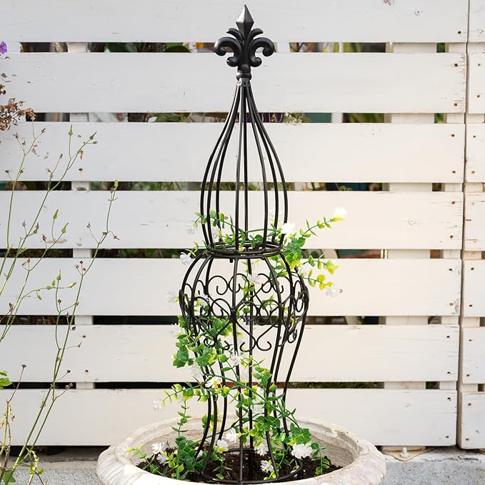 Obelisk Metal Garden Trellis for Climbing Plants - 29.5 in by 6.3 in Durable Iron Structure Easy Assembly Perfect for Potted Vines &amp Roses - Modern Vertical Gardening Support
