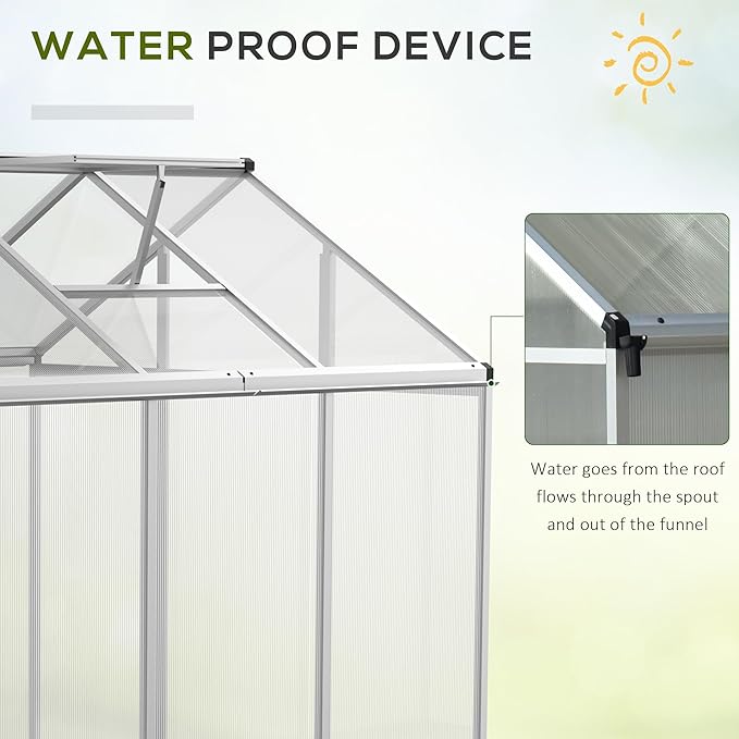 Outsunny 6' x 6' Greenhouse for Outdoors Polycarbonate Greenhouse with Rain Gutter and Roof Vent Aluminum Walk-in Green Houses for Outside Patio Backyard Garden