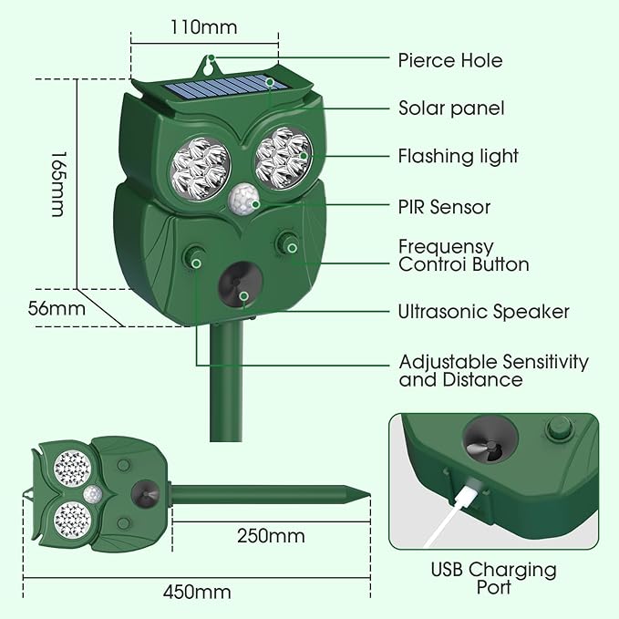 Animal Repellent Raccoon Repellent Ultrasonic Waterproof Motion Detection LED Flash Light Animal Repellent Ultrasonic Outdoor for Dogs Fox Rabbit Squirrels Coyote Deer Repellent