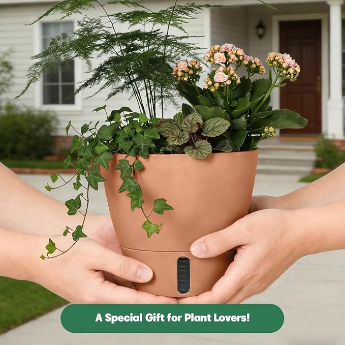 Self-Watering Hanging Planters for Indoor Plants Set 2-Piece Includes Plant Hanging Pot Drainage-Hole Hanging Pot and Hanging Basket Rack (Terracotta10 Inches)