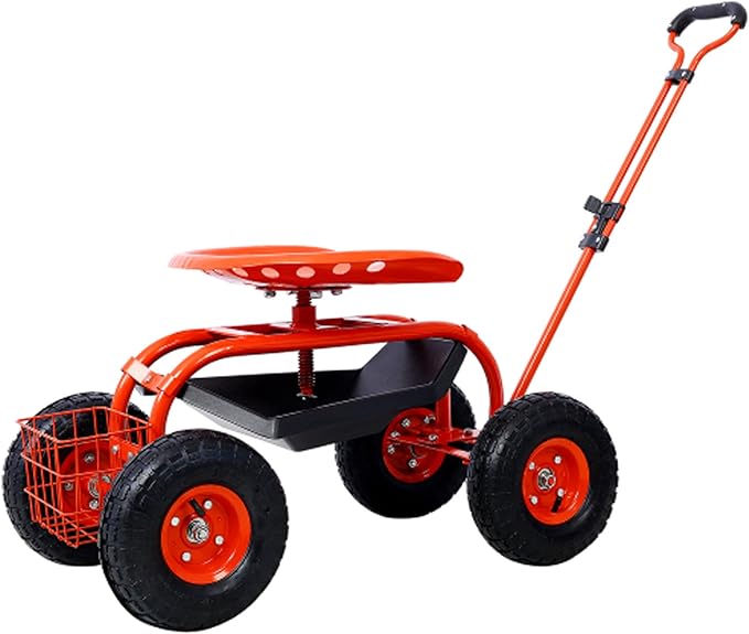 Garden Seat with Wheels Rolling Gardening Stool with 360° Swivel Seat for Seniors Rolling Trolley Stools with Steering Handle &amp Utility Tray for Backyard Lawn Outdoors