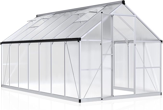 WKM Greenhouse for Outdoors - 8x14 FT Quick-fit Structure with Window for Ventilation Polycarbonate Aluminum Frame Silver